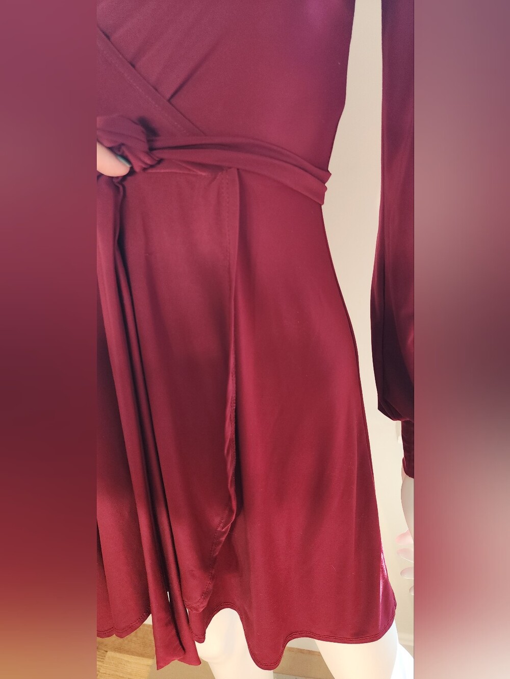 Forever 21 Faux Wrap Dress Long Sleeve Mini Vneck Red Cranberry Maroon Burgundy - Picture 4 of 8